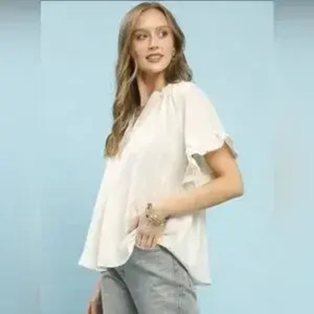 Umgee Ruffle Sleeve V-Neck Flutter Blouse - Picture 2 of 6